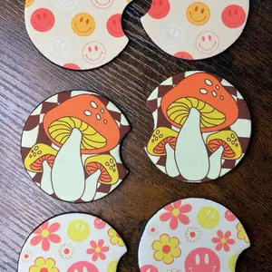 Cute Boho Smiley Face, Mushroom, Flower Car Coasters Rubber, Set of 2, Non-Slip Base, Boho, Hippie, Peace & Love, Universal Fit,  Gift, Car, Various Styles, Gift For Her, Gift For Him