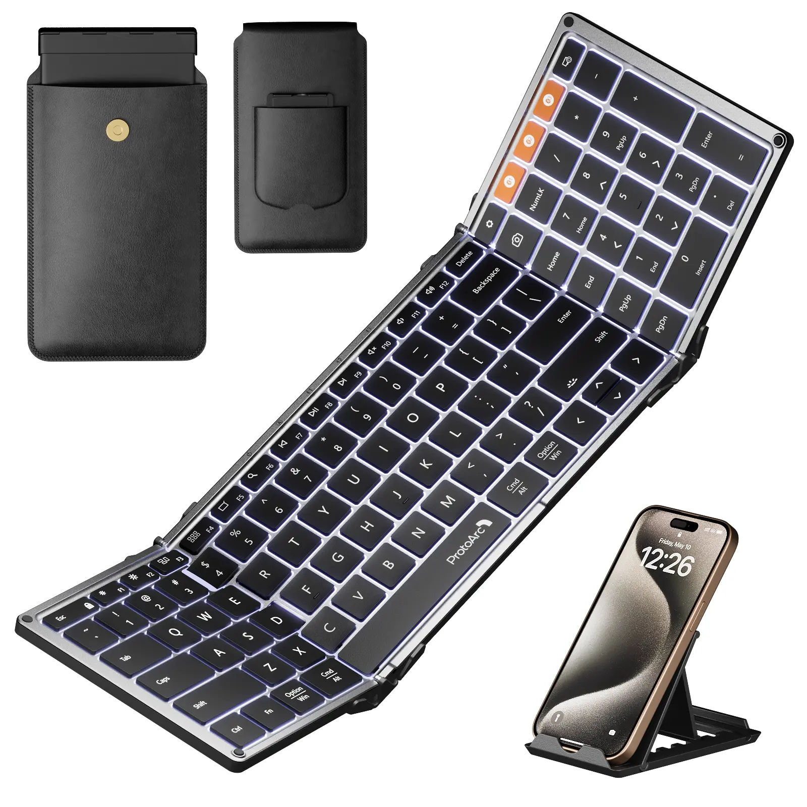 ProtoArc Backlit Foldable Keyboard, XK01 Plus Folding Portable Bluetooth Keyboard for Travel, True Full Size External Wireless Keyboards with Backlight for iPad Tablet Smartphone Laptop PC,summerwins