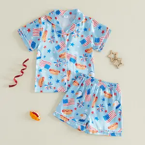 Little Toddler Boys Girls 4th of July Pajama Set Casual Print Button Down Lapel V Neck Short Sleeve Tops and Shorts