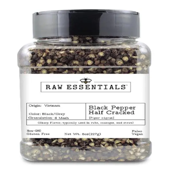 Raw Essentials Black Pepper Half Cracked – 6 Mesh Butchered Cut – Pungent and Biting Flavor – Dry Rubs, Sausages, Marinades, and Salads – 8 Ounce Bottle