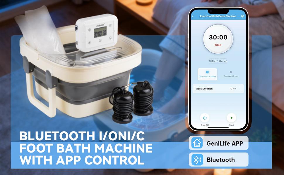 Bluetooth Ionic Foot Bath Detox Machine for Home Spa Use, with App Control, Foldable Soaking Tub, 2 Ion Arrays, 100 Basin Liners, Timer for Natural Body Detoxification