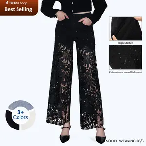 High Waist Wide Leg Lace Denim Jeans for Women Stretchy Rhinestone Black Pants Summer Style Cotton Viscose Polyester Trouser Gift BBL #TikTokShopHolidayHaul