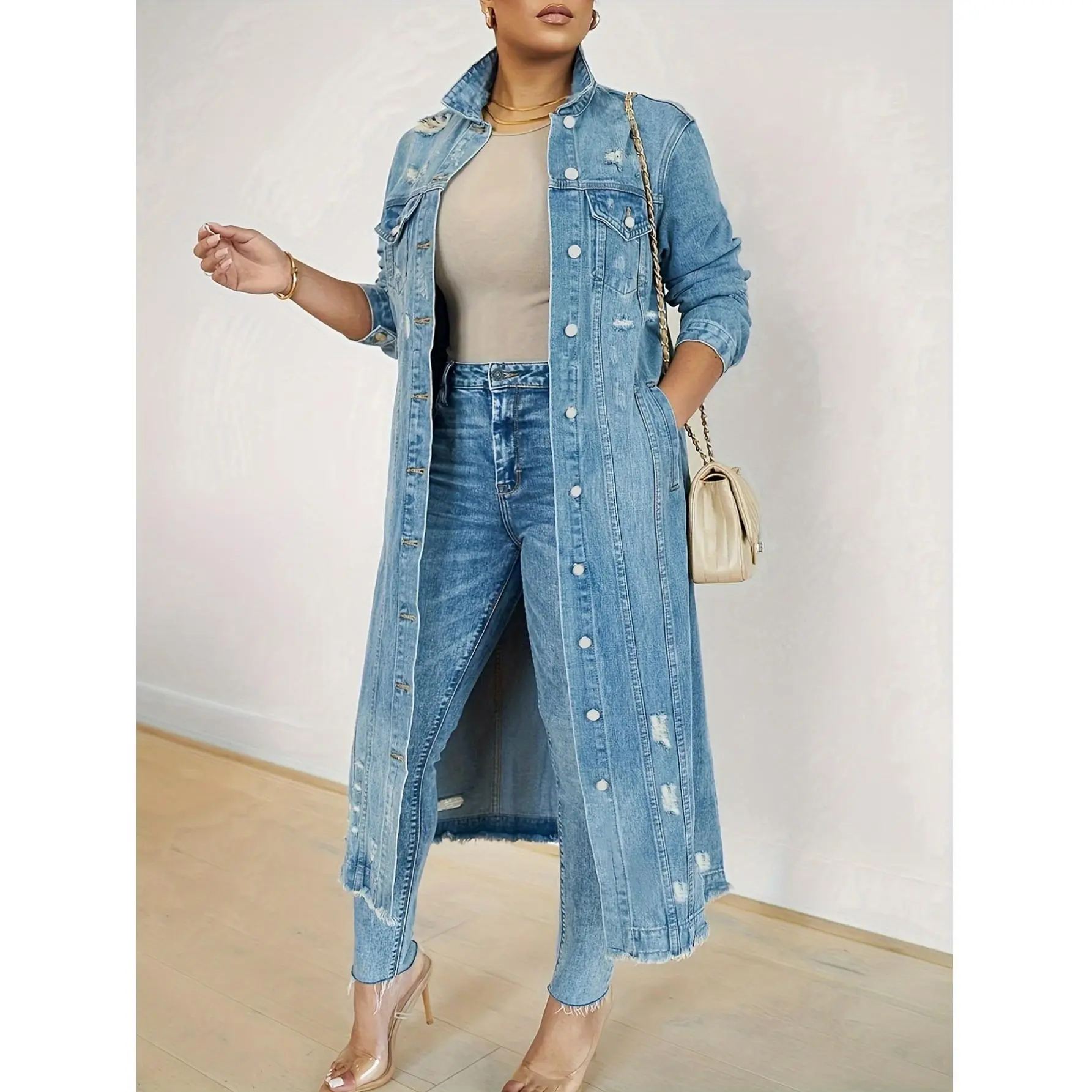 Women's Loose Fit Coats, Acid-Washed Distressed Streetwear Jacket, Casual Polyester Outerwear Tops for Seasonal Layering, Street Wear