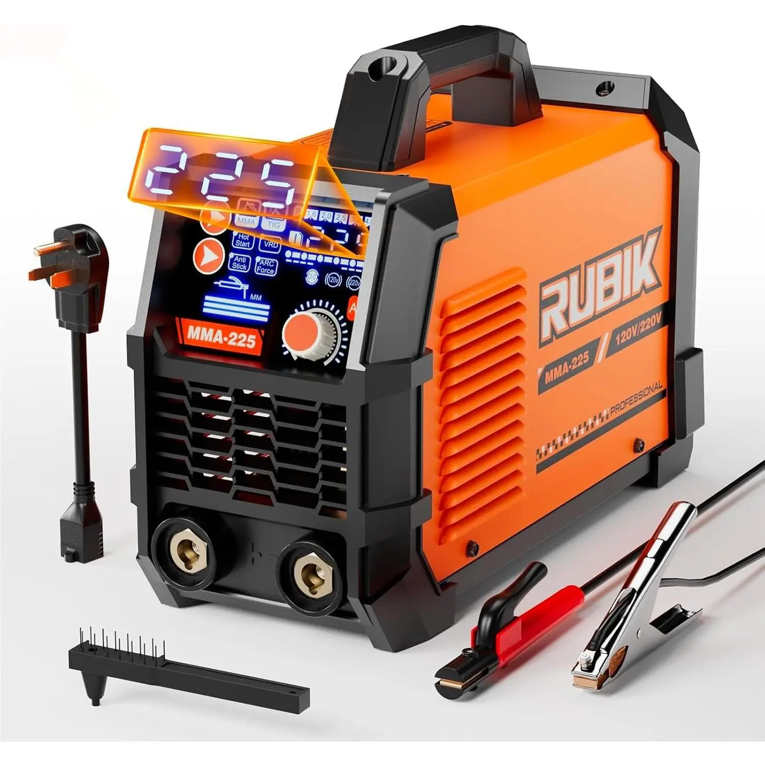 225 Amp Stick Welder with Large LCD Display, Digital IGBT Inverter, 110V/220V Portable Stick Welding Machine. Features include Dual Voltage, Hot Start, Arc Force, Anti-Stick, and VRD Protection