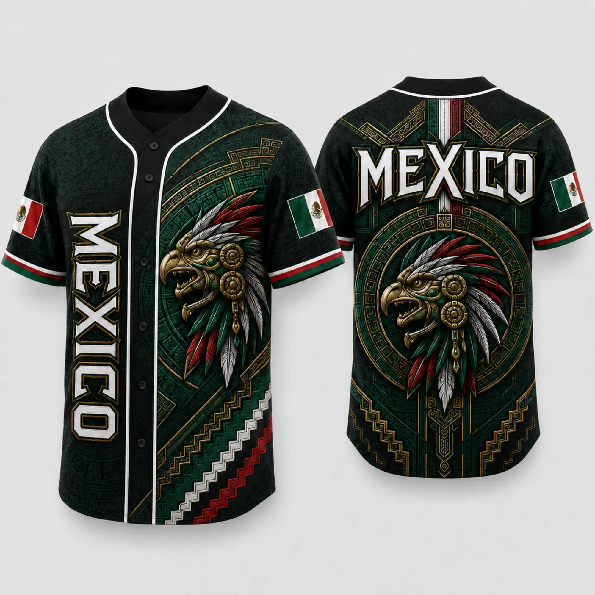 Button  Green-White-Red Flag Fan Shirt with Aztec Calendar Eagle Warrior Graphic, Vintage Mexico Baseball Jersey 2026, Limited Unisex Clothing, Mexican Edition Style Summer Sportswear