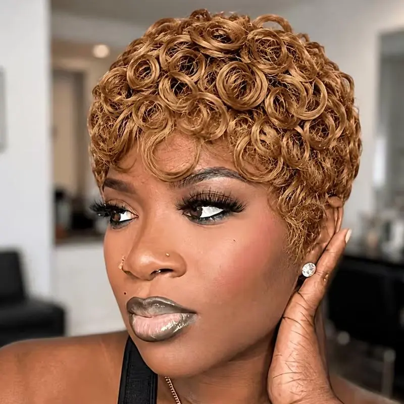 Human Hair Pixie Wig for Women, Light Golden Appearance with Bangs, Short Afro Curly Human Hair Wig, Glueless Machine Made, Hair Soft, Elastic Net Cap, 4Inch-180%Density, for Daily Wear, Hollywood&Cosplay Party