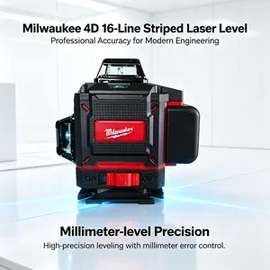 Milwaukee 4D 16 Lines Striped Laser Level. It outputs clear striped lines, features ±3° self-leveling and 25m working range. Powered by 5000mAh explosion-proof battery. Great for building layout, wall work and field measurement.