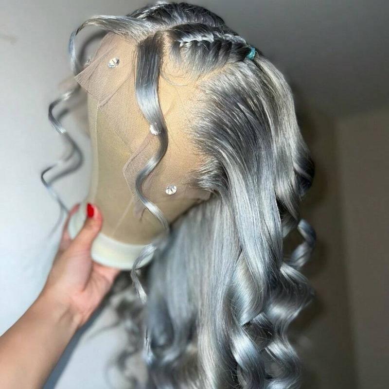 Grey Body Wave Synthetic Lace Front Wigs Pre Plucked Natural Hairline Glueless Wigs for Fashion Women 13x4 Lace Front Wigs Heat Resistant Fiber Daily Used 150% Density Silver Grey Water Wave Synthetic Wigs 28 Inches