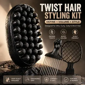 1/3-Piece African Curl Styling Comb Set: Scalp Massage Brush + Metal Hair Pick + Grid Curl Comb — Ideal for Afro Curls, Short Curls, and Voluminous Styling