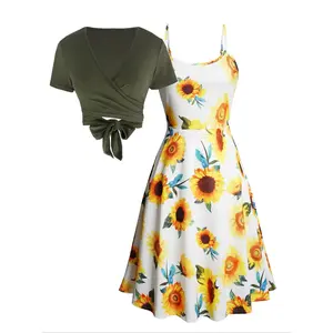 Elegant Sunflower Print Dress Two-Piece Set, Vacation Style Summer Sunflower Slip Dress with Short Sleeve Top, Lady Versatile Combinations