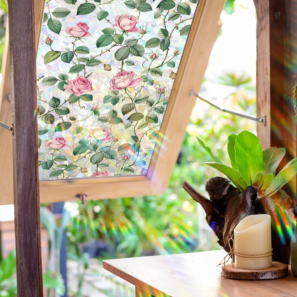 (45*100cm) colorful sunlight electrostatic adsorption rose flower and leaf spring-summer window sticker for window decoration and beautification, Decorative Stickers, Window Privacy Film, XC3035