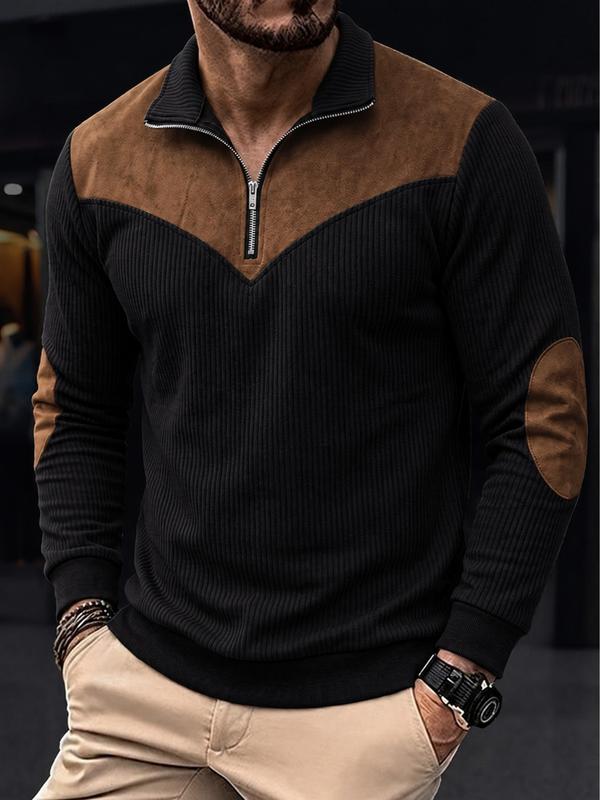 Men's Long Sleeve Polo Shirt Quarter Zip Standing Collar Color Block Casual Top, Streetwear Daily Sports Outdoor Shirt, Halloween Gift