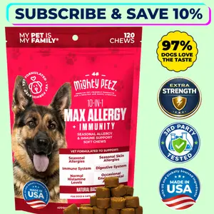 Mighty Petz MAX Dog Allergy & Itch Relief Chews with Colostrum, Probiotics, Plasma & Omega 3 Salmon Oil - 10-in-1 Anti Itch, Immune & Gut Support for Seasonal Allergies, Itching & Paw Licking - 120 Soft Chews, Vet Formulated, Made in USA