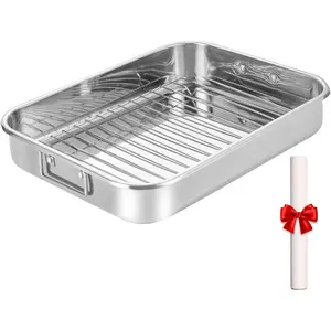 Stainless Steel Roasting Oven Pan: Roaster Pans With Rack & Handles 16.5 * 12.4 * 3 inches - Kitchen Baking Appliances for Turkey Chicken Beef - Kitchen Cookware Gifts for Women Homeowner