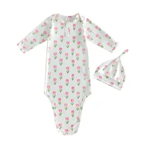 Baby Girl Sleeper Gown with Matching Hat Set Long sleeve Crew Neck Tulip Print Knotted Gowns Newborn Coming Home Outfit