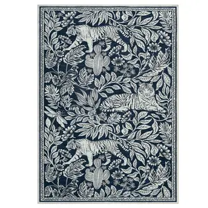 Modern 5x7 ft Blue Rectangular Forest Tiger Print Area Rug, Polyester Material, Machine Washable for Living Room, Bedroom