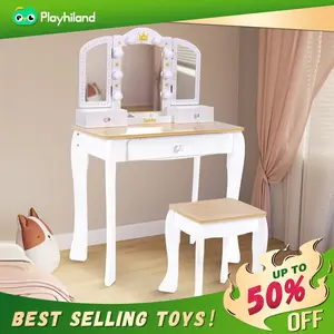 Wooden Vanity Table with Vanity Mirror and Vanity Chair toy ,Victorian Style Oval Dressing Table Mirror - Desk with Drawers and Vanity Stool, Kids Aged 3+ Years