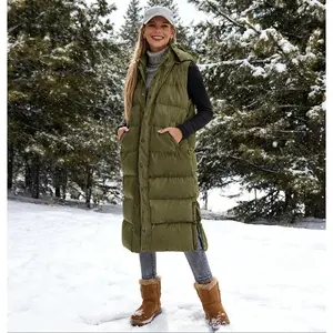 Women's Long Puffer Vest with Quilted Hood and Button Down Closure for Winter Coat 2025 - Tops, Womenswear