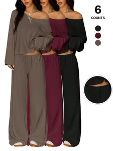 Women's 2 Piece Matching Lounge Set, off the Shoulder Long Sleeve Top, Drawstring Wide Leg Pants, Casual Sweatsuit, All Seasons