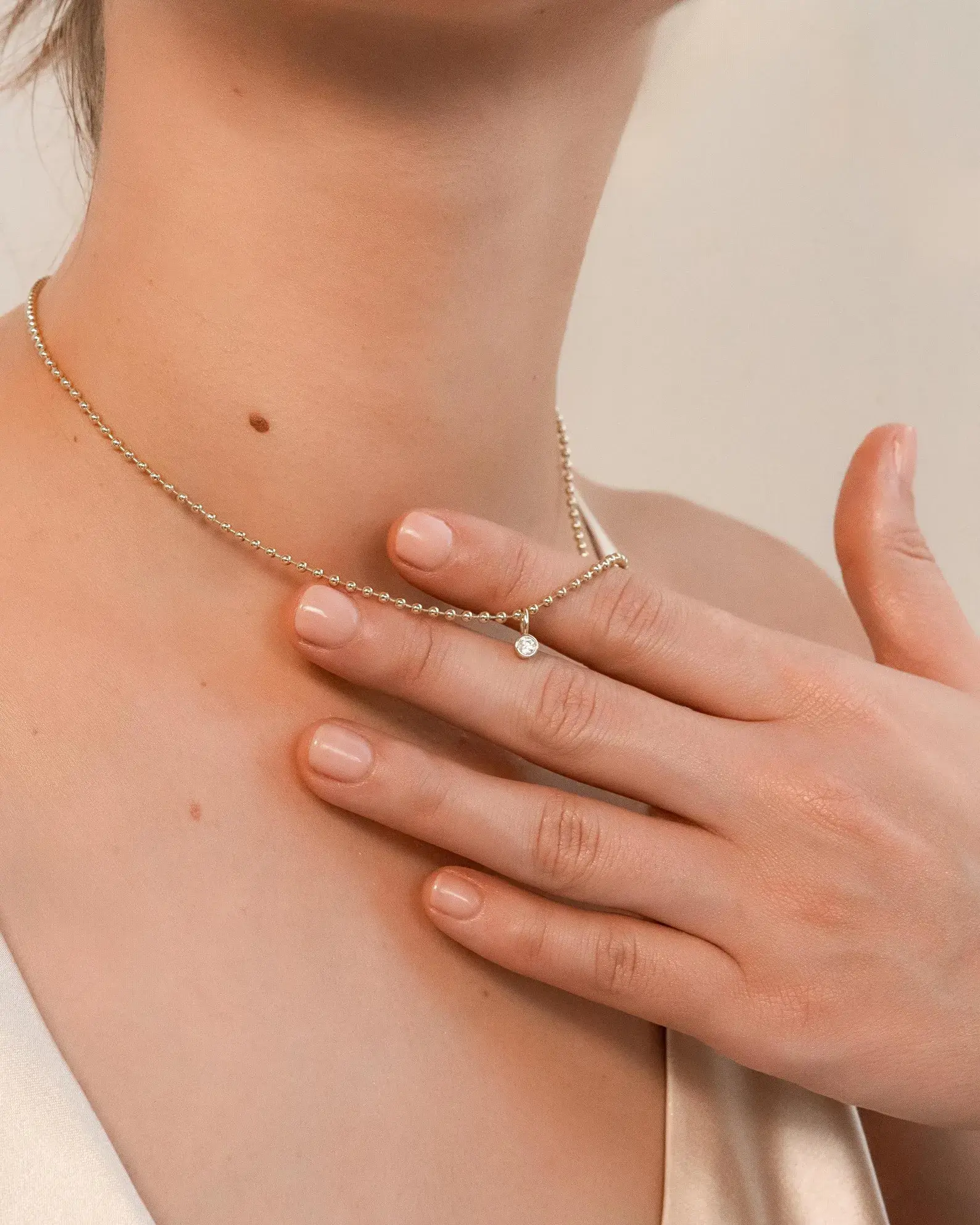 Dainty Beaded Necklace with Diamond Pendant | Gold or Silver Ball Chain Necklace | Minimalist Cubic Zirconia Necklace | Everyday Jewelry Gift
