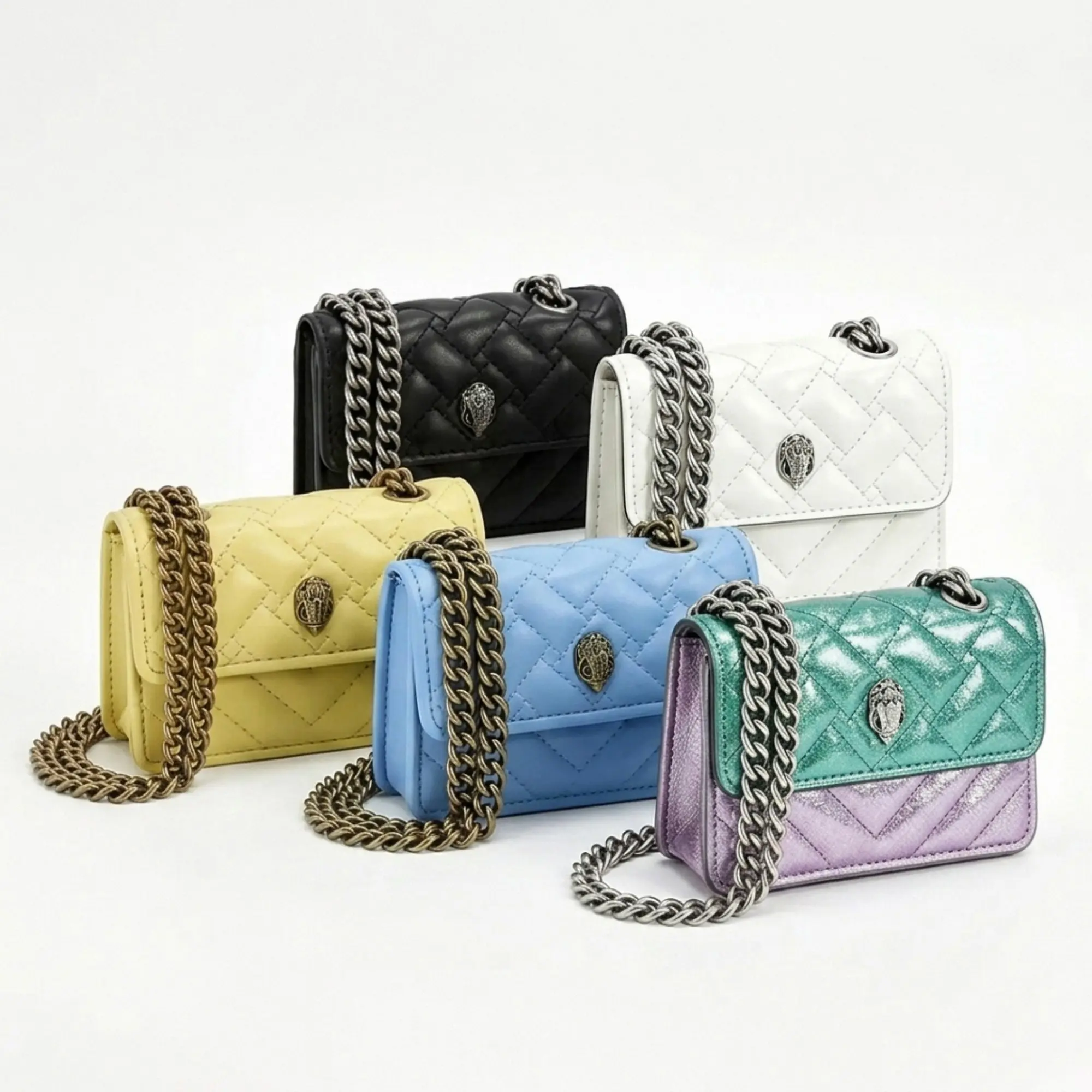 Women Mini Eagle Flap Crossbody Bag, PU Leather Diamond Quilted Shoulder Purse with Eagle‑Head, Chunky Thick Metal Chain Strap Small Handbag for Daily Party, Multi‑Color Options