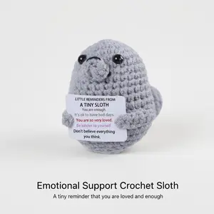 Handmade crocheted seal plush toy with positive affirmations—a lovely, emotionally supportive stuffed animal gift.