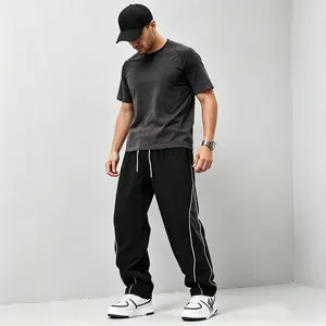 Men's American Retro Chic Plain Straight Pants, Hip-Hop Striped Hem, Stretch Drawstring Waistband, Suitable for Outdoor Wear and Friends' Gatherings,summervibes