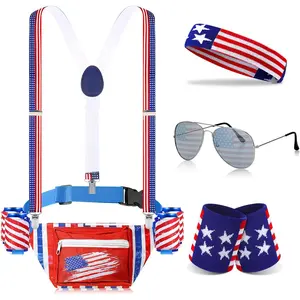 9 count Patriotic Fanny Pack Beverage  Belt Set  Belt Bag Suspenders Drink Holder Flag Headband Wristband (Retro Style)
