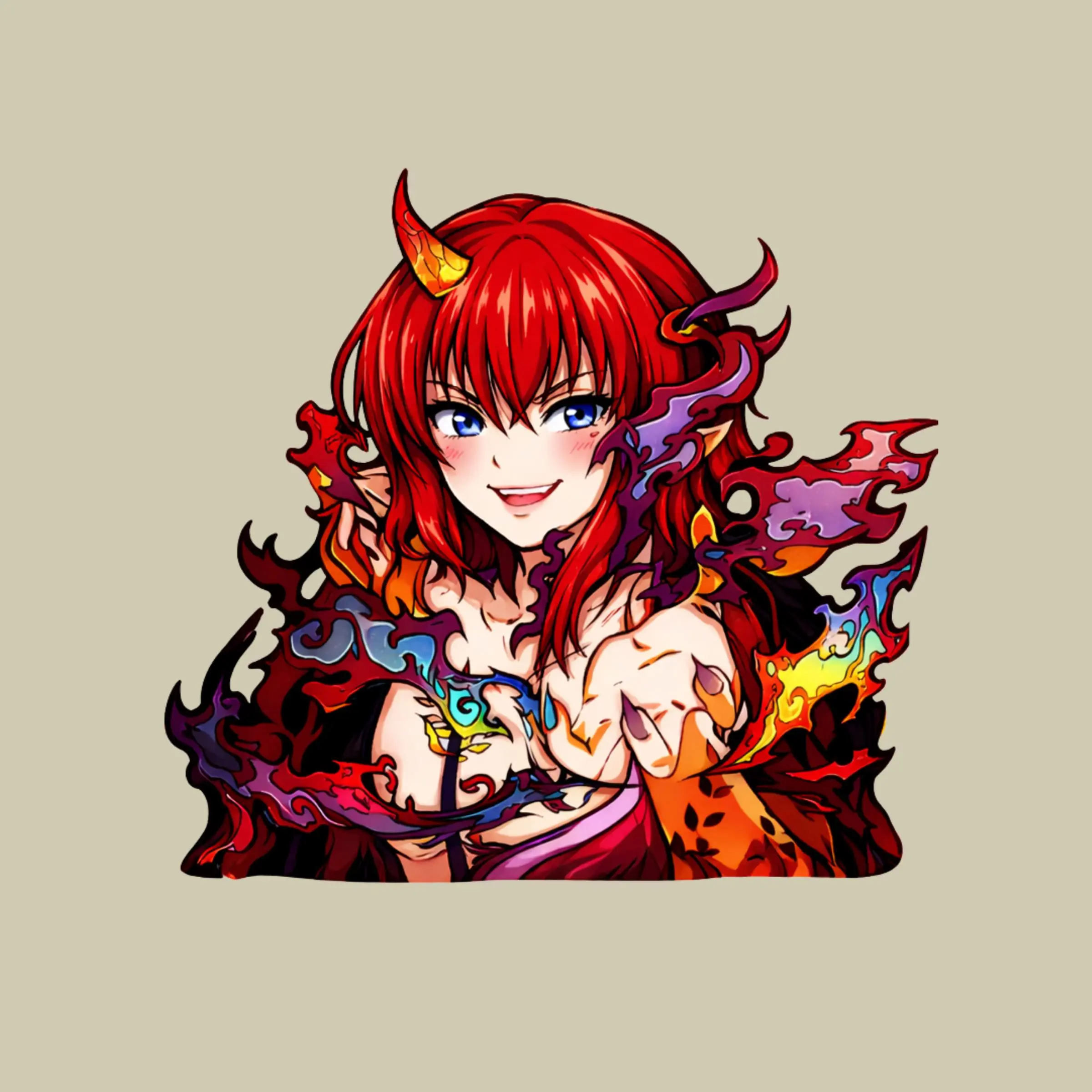Red Demon Girl Flame Aura Anime Sticker, Bold Vinyl Decal for Laptops, Tablets, Bottles & Car Windows
