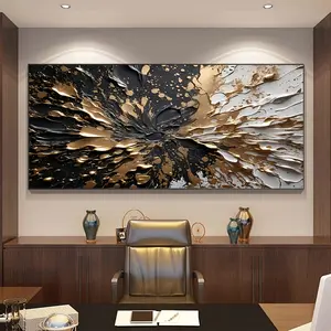 Modern Abstract Black And Gold Ink Splash Texture Wall Mural, Large Unframed Mixed Media Canvas Print For Living Room, Perfect For Neutral Toned Home Decor, 1.5" Thick Solid Pine Wood Frame Poster Decoration Artwork Ornaments Artistic Photo 32*16*1.5Inch