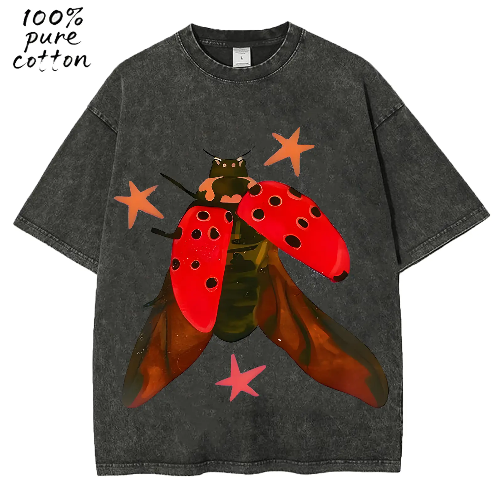 Oversized Men's T-Shirt with Vintage Washed Ladybug Graphic, Unisex Distressed Short-Sleeve Crewneck in Sport Fabric, Jeans, Classic, Regular Fit, Normal Type, Round, S To 3Xl, Layer, Menswear, Casual, Soft, Stretch, Stylish
