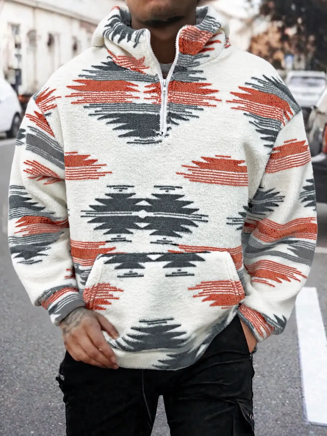 Men's Fuzzy Fleece Quarter Zip Hoodie, Vintage Southwestern Geometric Print Sherpa Pullover Sweatshirt, Soft Warm Long Sleeve Hooded Top with Kangaroo Pocket for Fall Winter