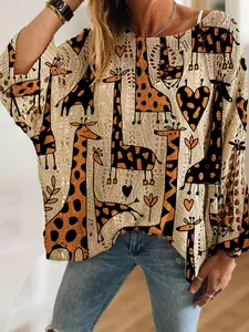 Women's Boho Cartoon Giraffe Print Knit Top, Batwing Long Sleeve, Casual Elegant Vacation Style, Comfortable Breathable Loose Fit, Spring Summer Fall Fashion