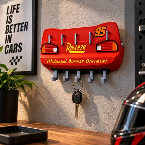 Cartoon Race Car Inspired Key Holder – Red Wall Mount Organizer with Hooks – Fun Gift for Kids, Families & Car Lovers