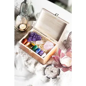 Chakra Balancing Crystal Set | 10 High Frequency Healing Stones + Engraved Wooden Display Box