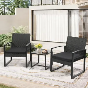【Crazy Price】3-Piece Outdoor Furniture Set, 2 Waterproof Chairs and 1 Table Bistro Furniture Set, Clearance, Wicker Rattan Conversation Set, Thick Cushions with Safety Glass Table Top Black Cushion tiktokshopspringglowup,summervibes