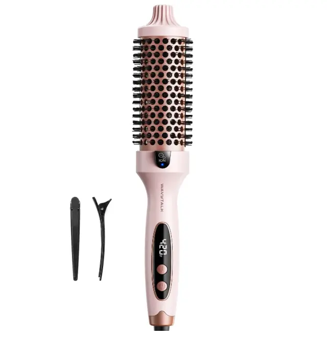 Wavytalk Thermal Brush Blowout Boost 1.5″ Heat Round Brush for Blowout Look | Negative Ion Technology, Tourmaline Ceramic, 5 Temperature Settings Dual Voltage, Less Damage, Sakura Pink