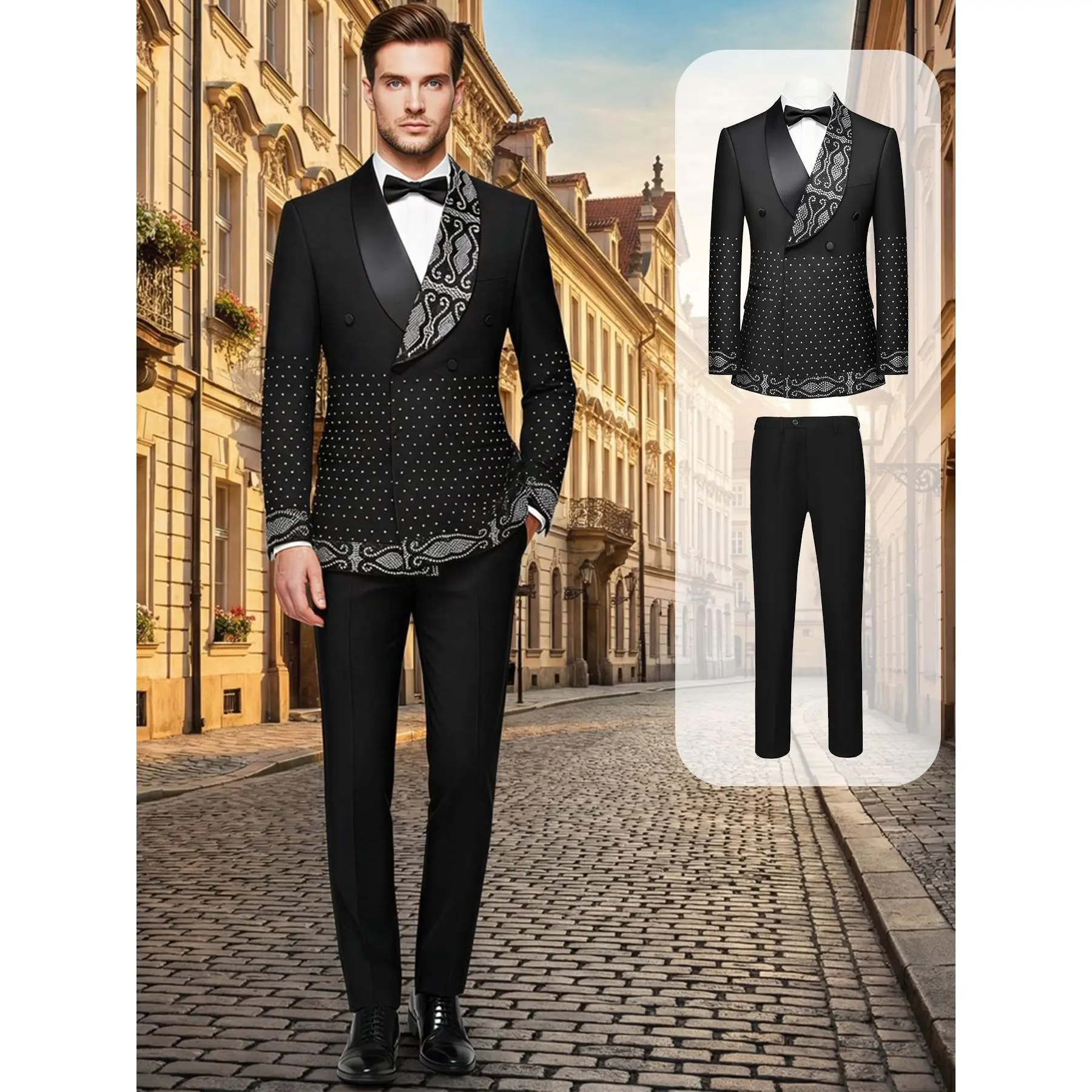 Men's Chic 2-Piece Suit Set with Rhinestone Shawl Collar, Double Breasted Rayon Blazer & Matching Trousers for Weddings, Gala, Buttons, Rhinestones, Men's Outfit Sets, Fitted, Evening, Pants, Work, Workwear, Fabric
