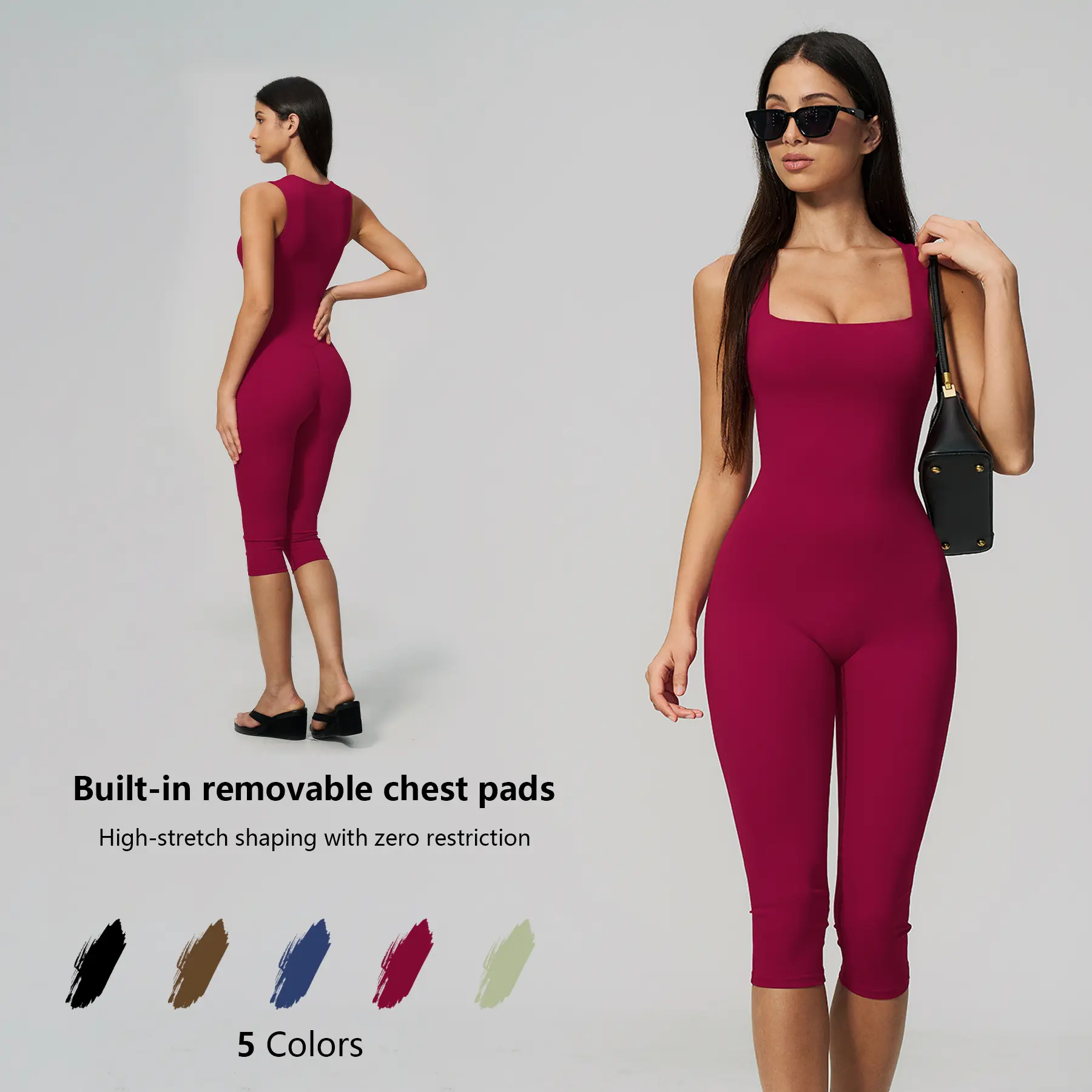 Women's Clothing Square Neck Sleeveless Romper, Capri Length Bodysuit Jumpsuit, Tummy Control and Shaping, Push-Up for The Bust, Hip-Lifting Design; Suitable for Outdoor Casual Wear and Sports-Style Fitness Apparel