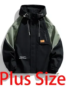 1xl-5xl Plus Size Men's Color Block Hooded Long Sleeve Casual Jacket, Loose Fit Versatile Outdoor Fashion Coat, Trendy Sportswear for All Occasions