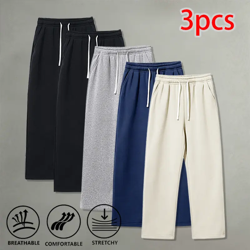 Loose solid-color straight sweatpants, 3-pack — minimalist clean design, dorm/street style for everyday wear, drapey athletic long pants