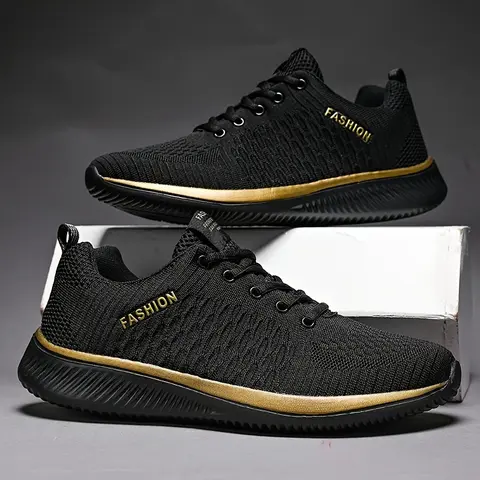 Men's Black & Gold Knit Casual Chunky Trainers - Braid Detail, Bold Laces, Breathable Mesh, Cushioned Non-Slip Sole, Ankle Support, All-Day Wear, All-Seasons Sporty Chic Athletic Footwear for Training, Walking