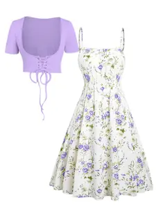 Floral Print Waisted Sleeveless Cami Dress And Solid Lace Up Short Sleeve Crop Top Set