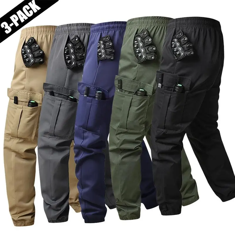 Men’s 3-piece casual pants set – stylish solid-color polyester fabric, multi-pocket design suitable for outdoor activities and commuting, stretchy material with zipper details, comfortable everyday wear in a casual style |