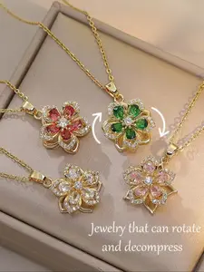 Elegant Copper Zirconia Pendant Necklace, Style Clover Flower Design, 360° Rotating Charm, Luxury Minimalist Jewelry, High End Necklace