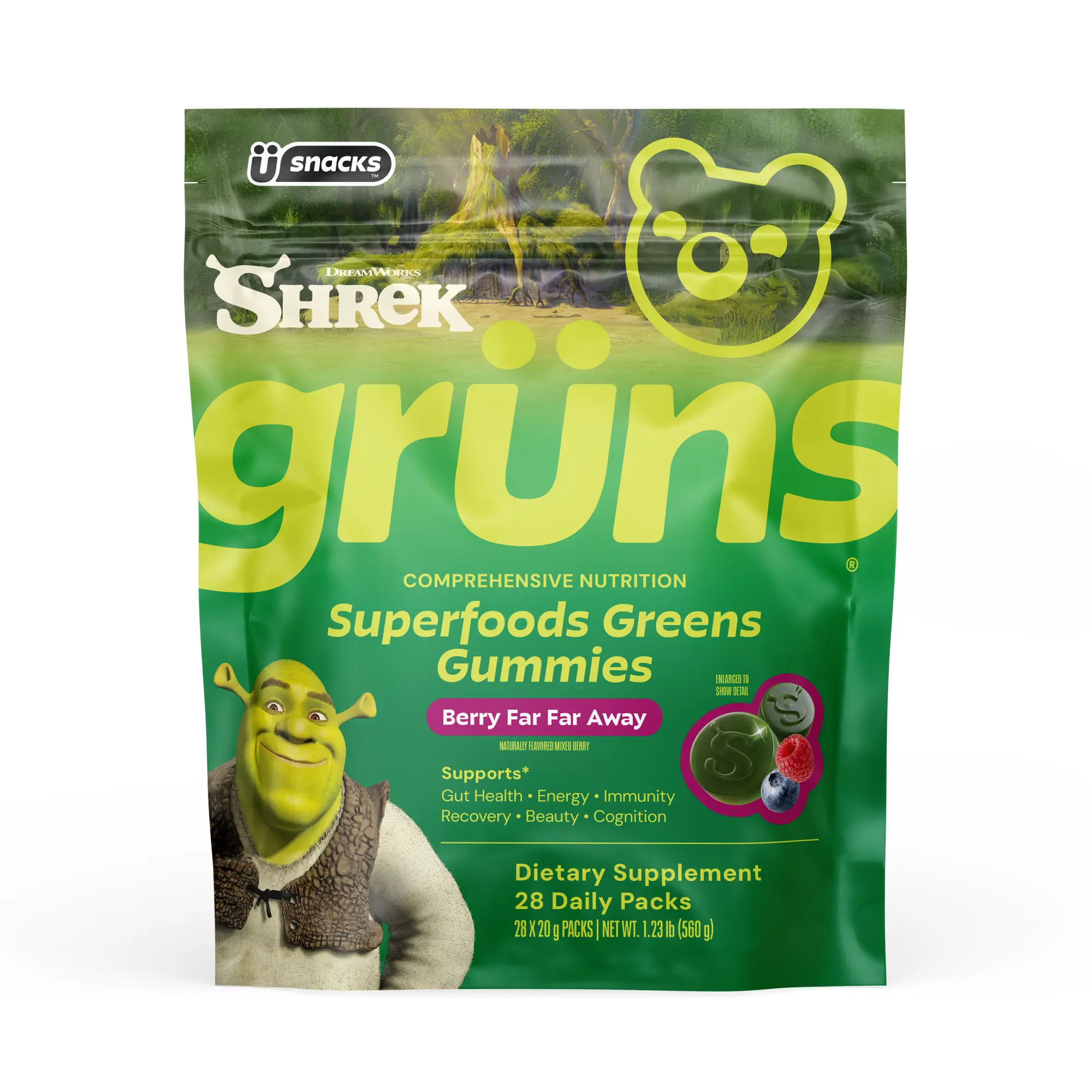 Shrek x Grüns Berry Far Far Away Superfood Greens Gummies (Limited Edition): Comprehensive nutrition with 60+ ingredients: 21 Vitamins and Minerals, 6g Prebiotic Fiber, Adaptogens, Raspberry Blueberry Flavor, Gluten Free, Vegan, Third Party Tested
