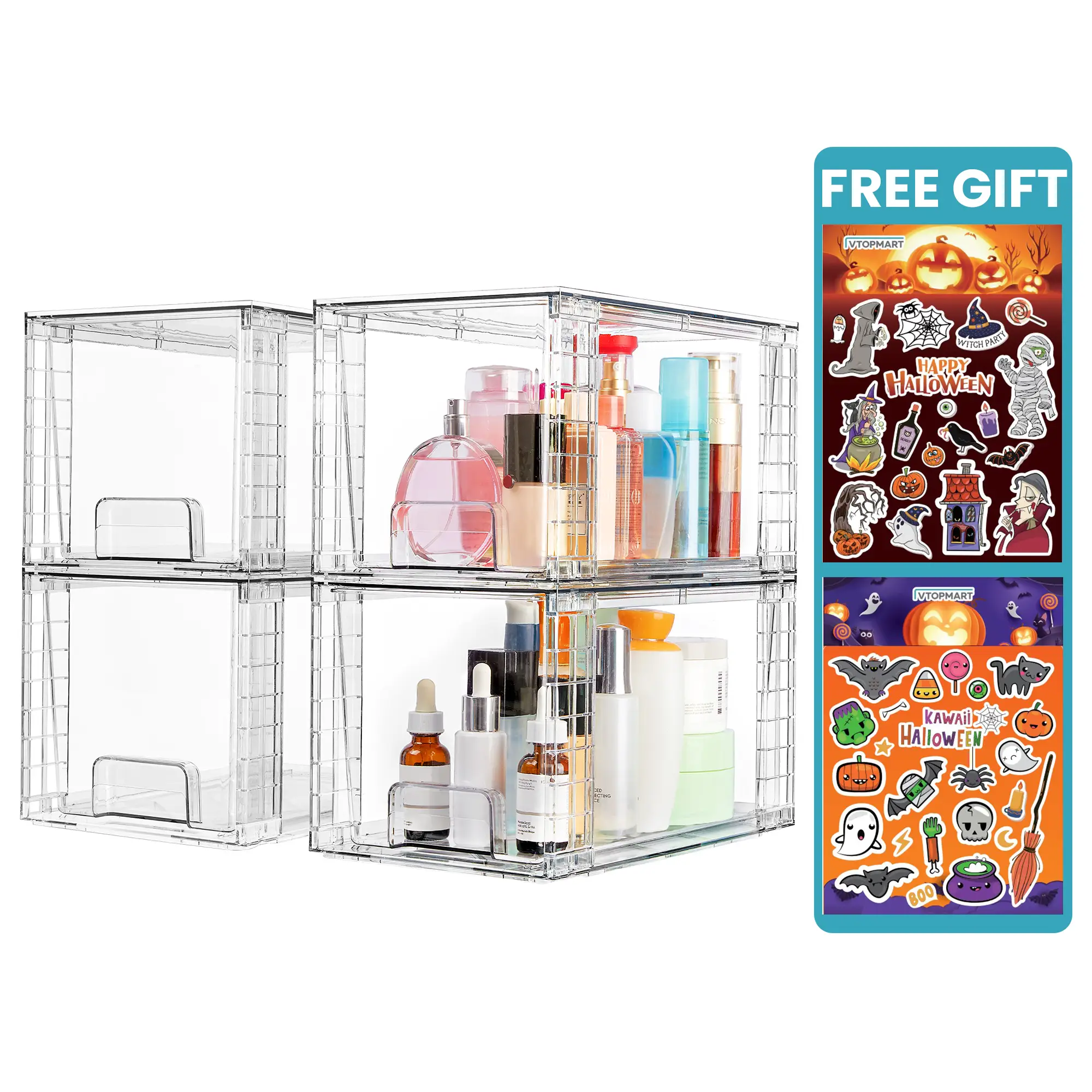 VTOPMART 12'' Stackable Storage Drawers, Bathroom Makeup Organizers, Clear Plastic Drawers For Vanity, Undersink, Kitchen Cabinet, Pantry Boxes