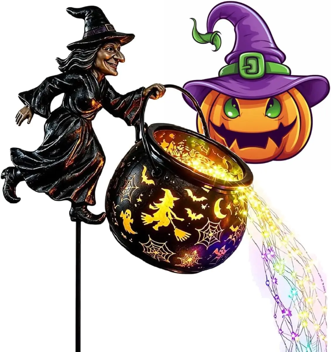 Solar Halloween Garden Stake Lights - Black Cat, Crescent Moon, Witch Cauldron, Pumpkin Lantern Decorations for Outdoor Yard Pathway Patio, Family-Friendly Festive Gift