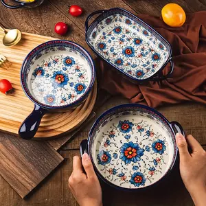 1/2/3pcs Vintage Blue Ceramic Dinnerware Set with Floral Design, Microwave and Dishwasher Safe Plates and Bowls for Home or Restaurant, Perfect Housewarming Gift