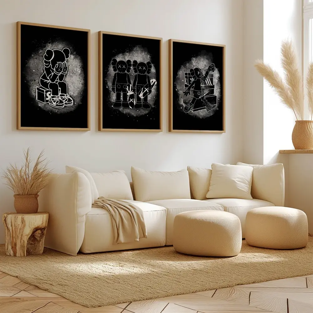 Hypebeast Kaws Posters Set of 3 White Smoke On Black Wall Art Poster Prints